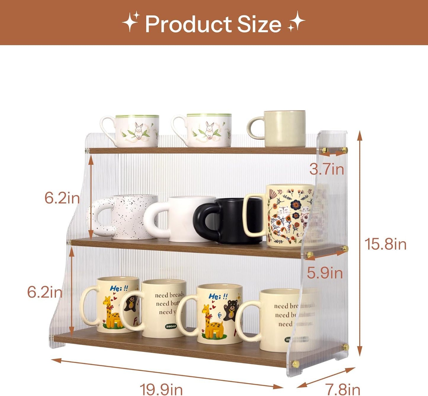 Coffee Mug Holder Wooden Cup Station Organizer 3 Tier Cup Holder for Coffee Bar Mug Display Rack for Countertop Mug Holder Shelf for Home Kitchen Trapezium-Nutbrown