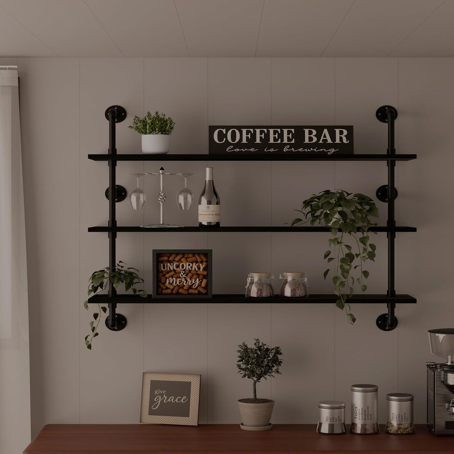 Industrial Pipe Shelving Rustic Black Wall Shelves with Wood Planks Industrial Floating Shelves 48 Inch Farmhouse Bookshelf Pipe Shelves Wall Mounted