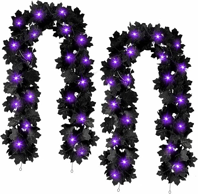 Joyhalo 2 Pack Halloween Garland with Lights, Black Maple Leaves Lighted Garland for Mantle, 5.7FT Light Up Leaf Autumn Vines Outdoor for Door Frame, Fireplace and Thanksgiving Fall Decor
