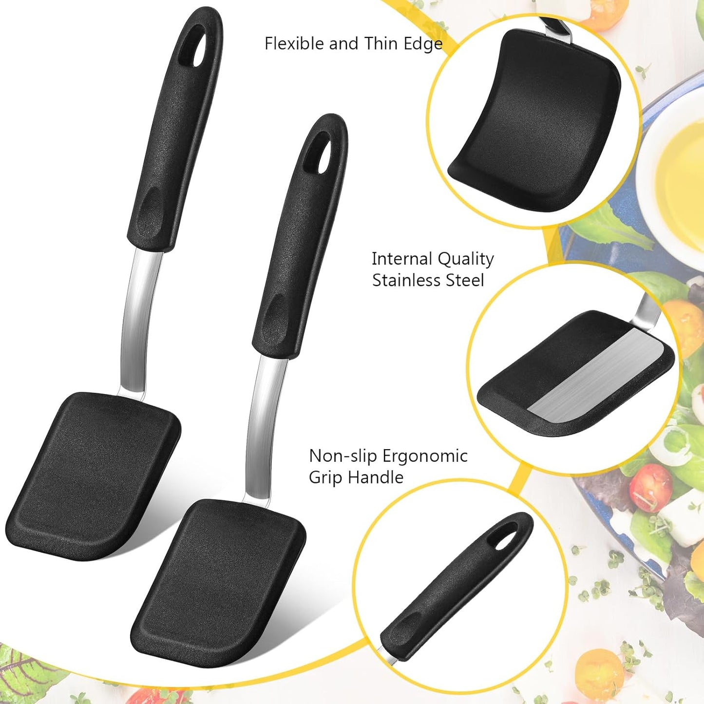 Silicone Cookie Spatula Turner 2 Pack Mini Brownie Spatula Flexible Kitchen Small Silicone Turner for Nonstick Cookware Heat Resistant No Scratch Flipper for Egg Pancake(Black)
