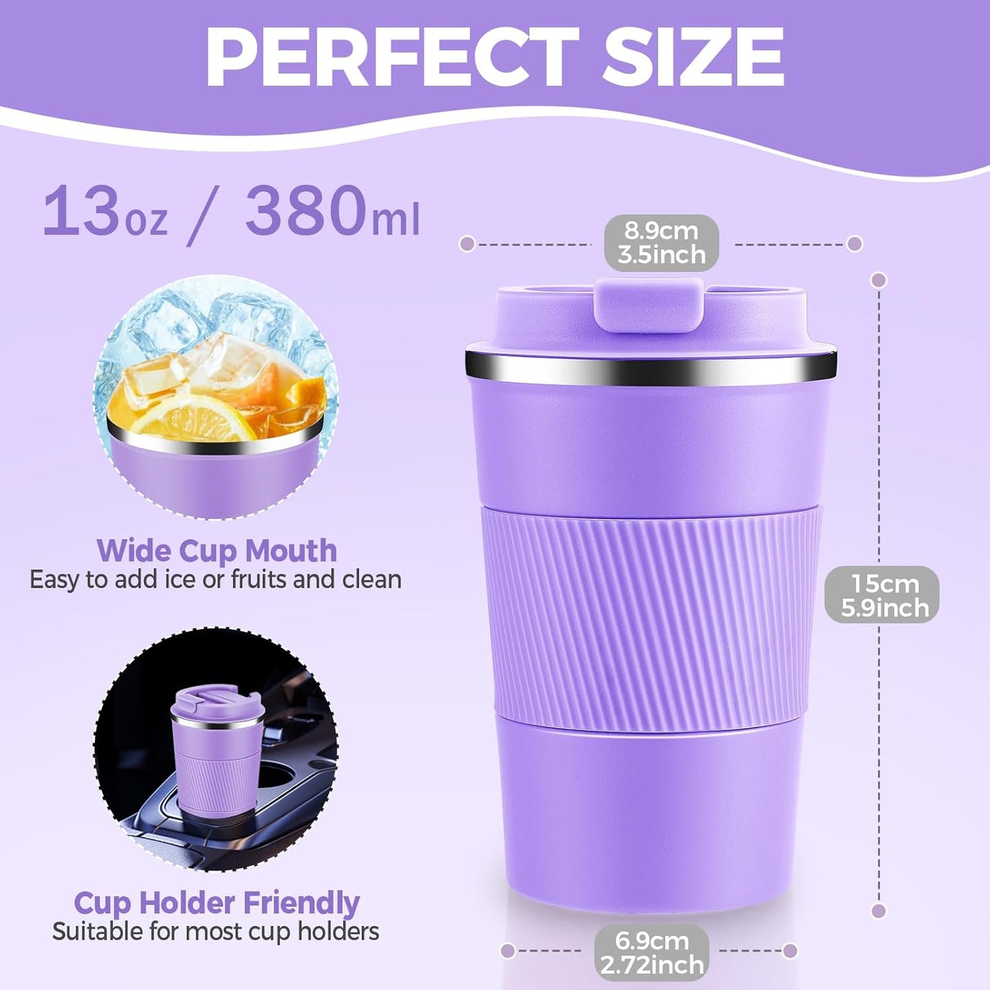 Volhoply 13 oz Stainless Steel Insulated Travel Coffee Mug with Fip Lid Bulk 2 Pack,Reusable Double Wall Vacuum Metal Coffee Cup,Portable Leak Proof Thermal Tumbler for Hot & Cold Drinks(Purple,2)