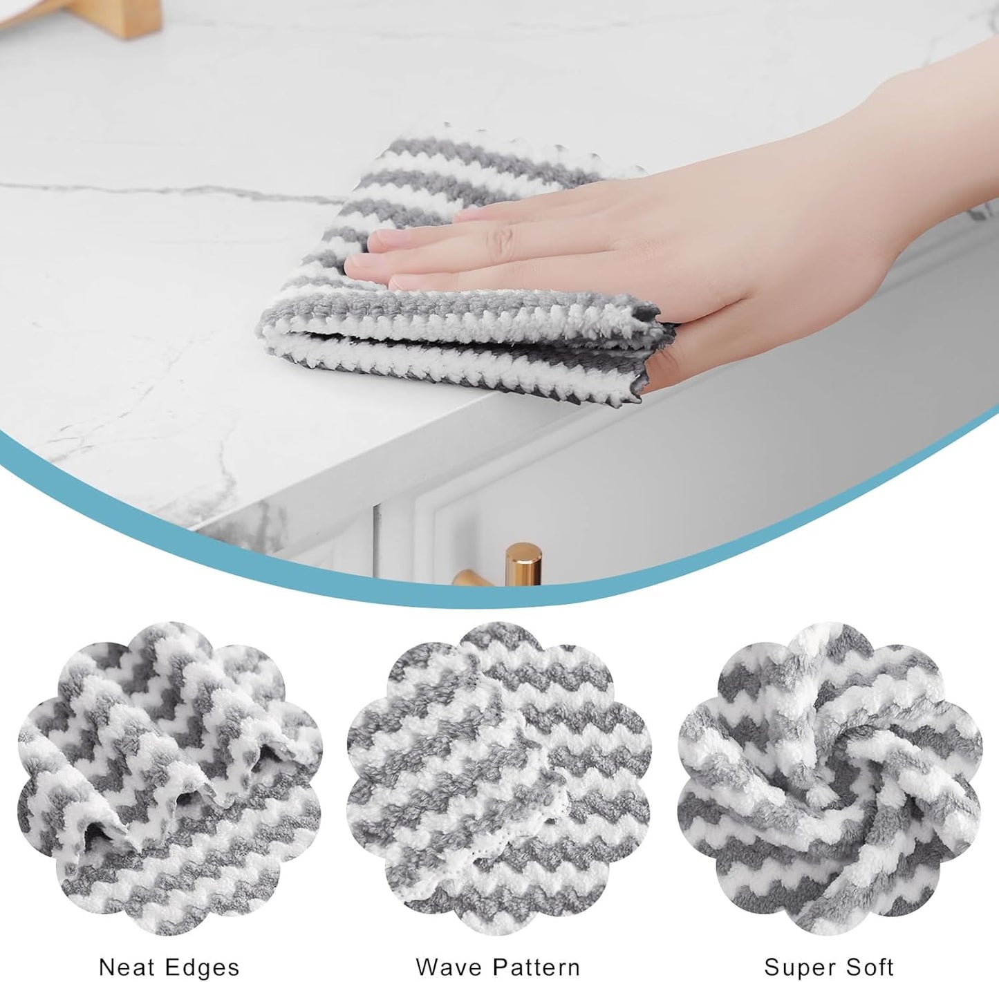 Homaxy 12 Pack Kitchen Dish Cloths, Ultra Soft and Absorbent Dish Towels, Reusable Fast Drying Microfiber Cleaning Cloth, Coral Velvet Wave Design No-lint, 10 x 10 inches, Grey
