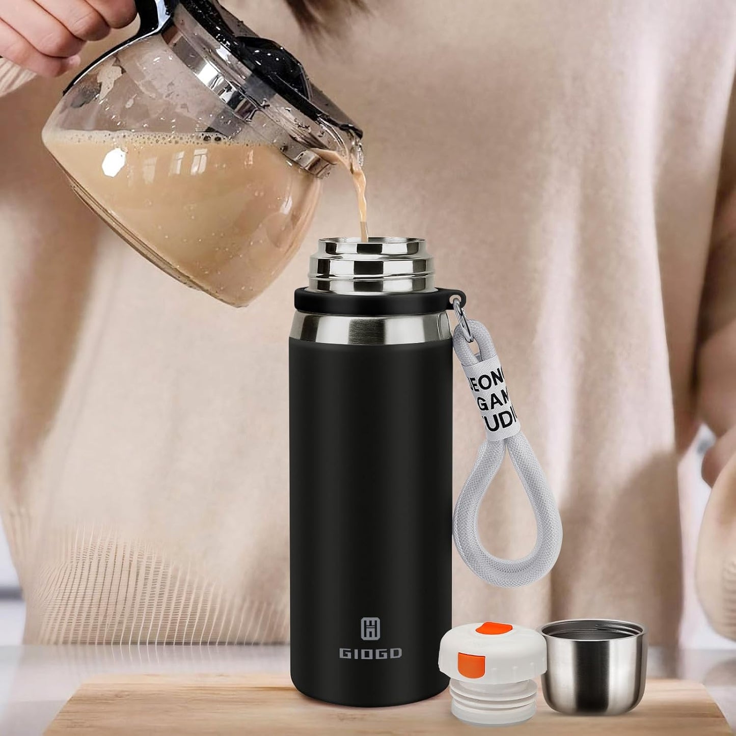 Stainless Steel thermo Bottles with cup 700ml/23.7oz Vacuum Insulated Bottle for hot and cold coffee drink water thermo flask with cup.(Black,700ml)