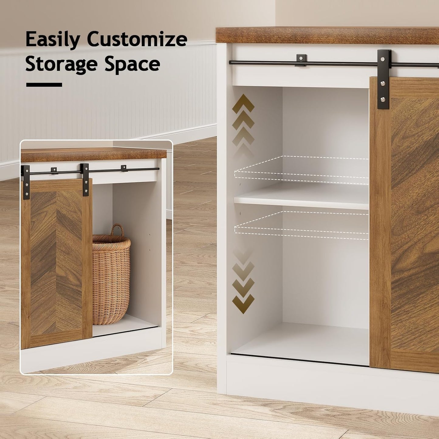 Farmhouse Small Coffee Bar Cabinet with Storage, White Coffee Bar Table with Sliding Barn Door, Adjustable Shelves, Bar Cabinet for Kitchen, Dining Living Room