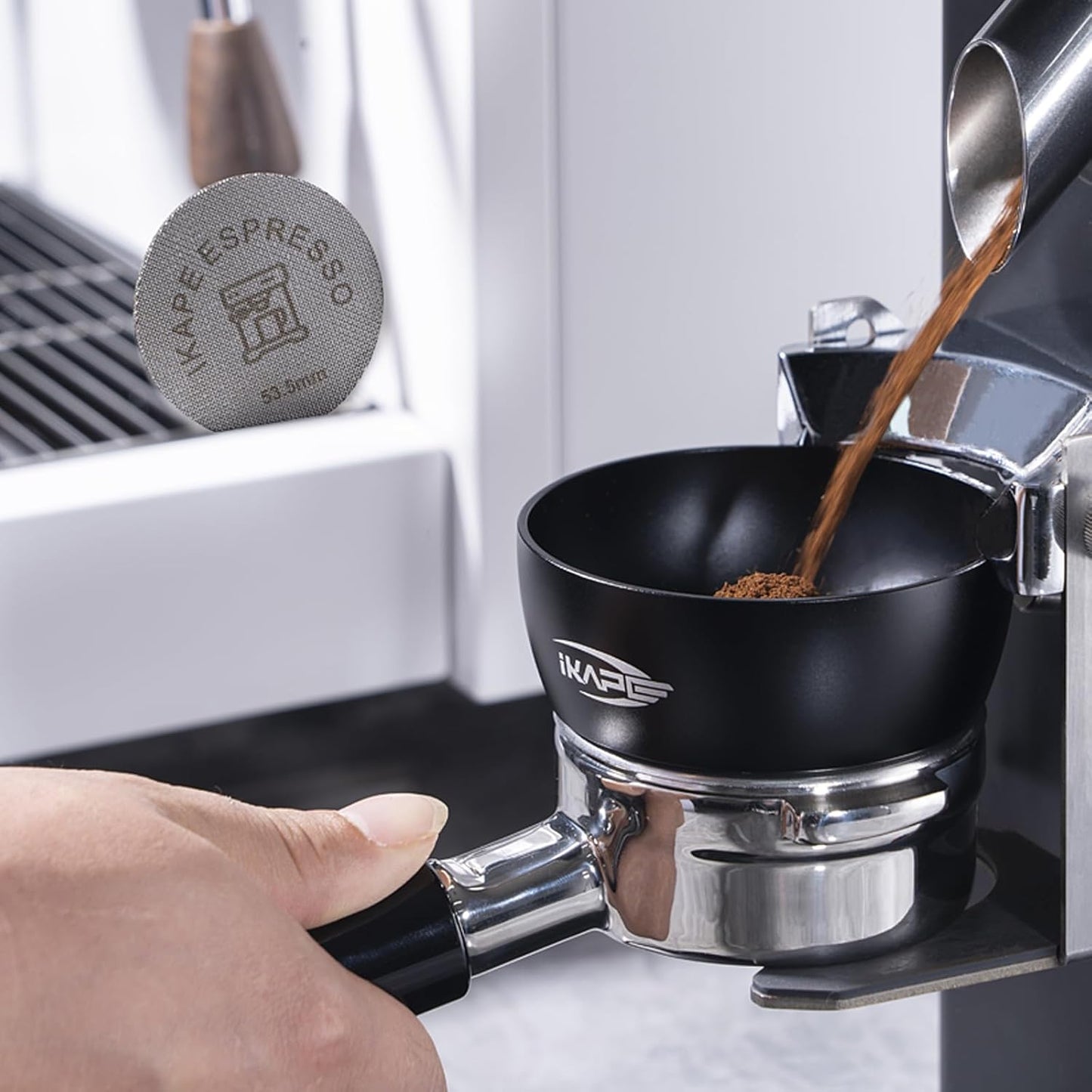 IKAPE Magnetic Dosing Funnel Set, 53MM Espresso Dosing Ring & Puck Screen Kit Compatible with Breville 54MM Bottomless Portafilter - with 8 Small Magnet (Black)