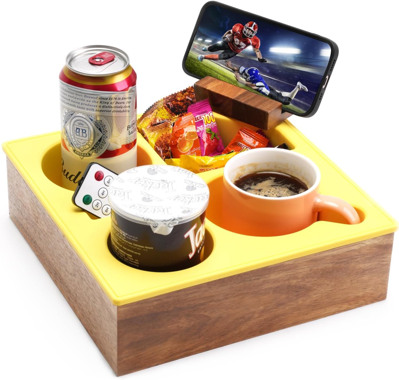 Couch Cup Holder Tray, Handy Soft Silicone Acacia Wooden Couch Caddy for Bed Car Seat Beach Organizer, Waterproof Anti-spill Sofa Cup Holder for Snacks Beverage Remote (Yellow)