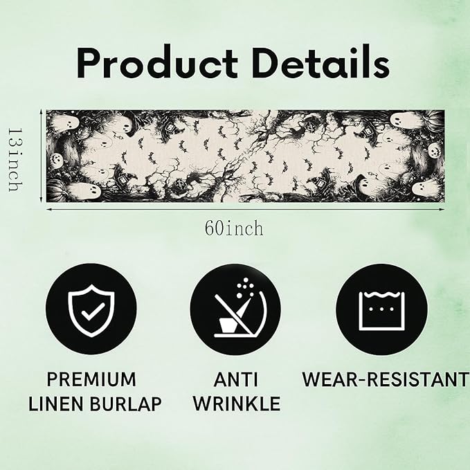 GPGHE Halloween Table Runner Black Ghost Holiday Burlap Table Decoration Indoor Outdoor Home Decor Party Supply 13 x 60 Inch