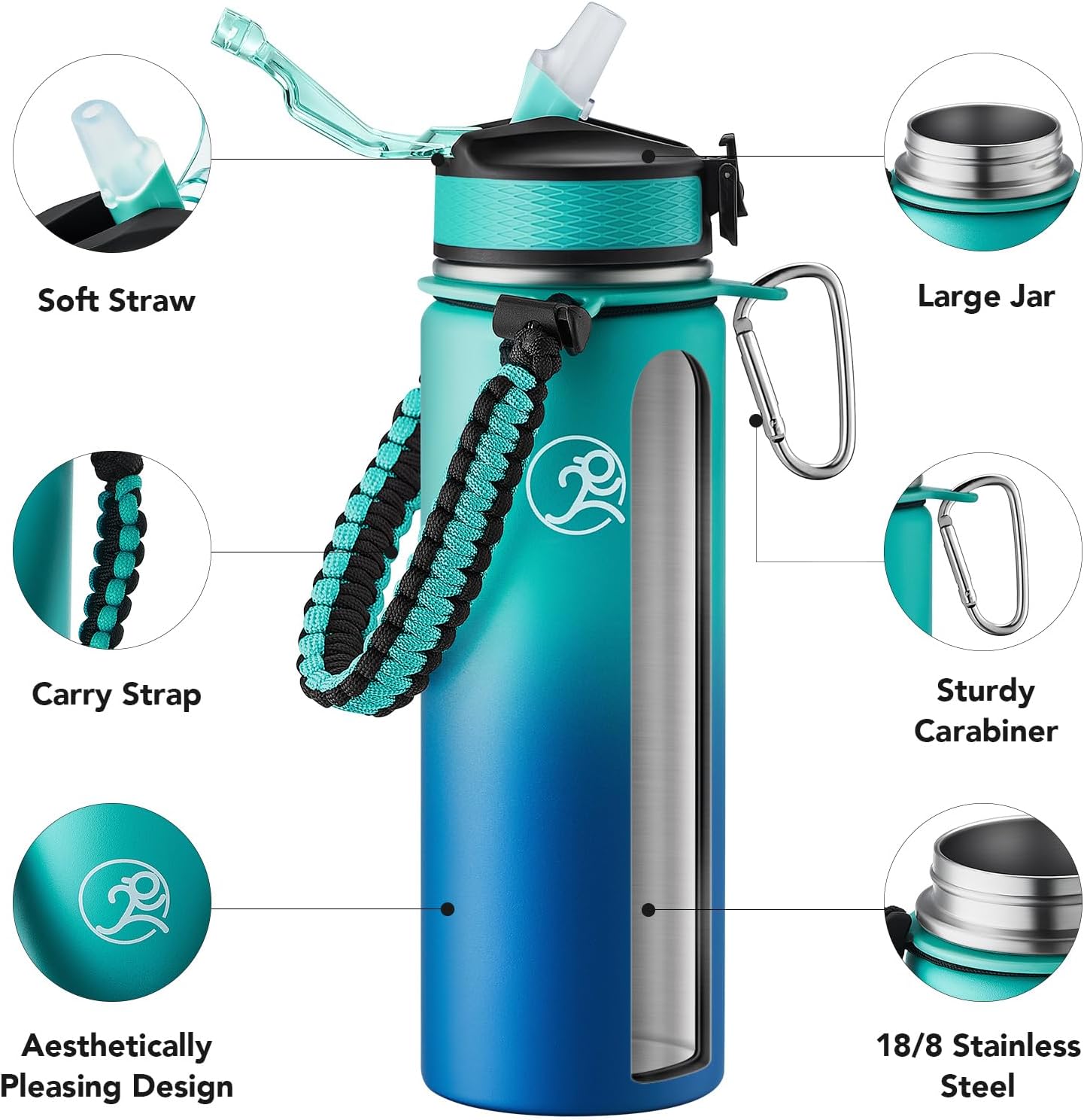 GOSWAG Insulated Sports Water Bottle, 24oz 2 Lids(with Straw/No Straw), Stainless Steel Water Bottles with Paracord Handle, Insulated Bottle with Double-Wall Vacuum Insulation