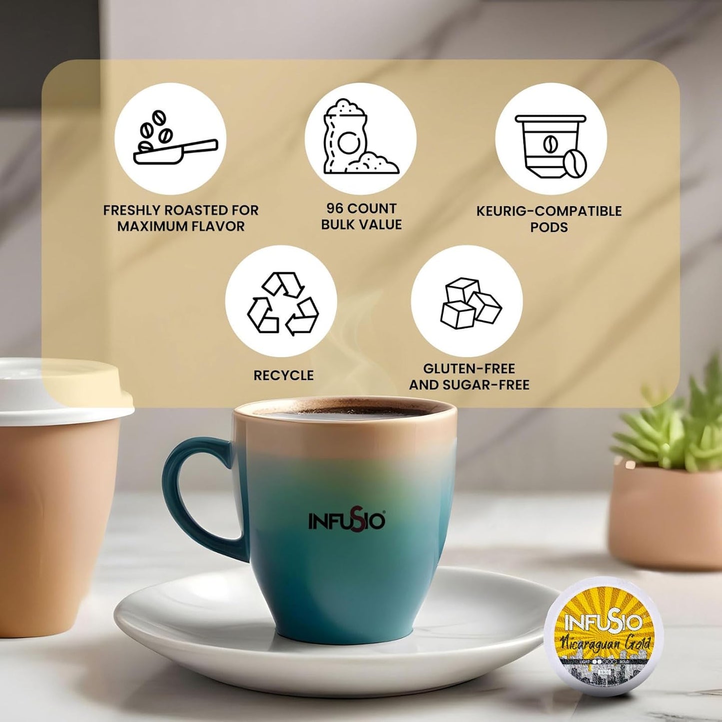 InfuSio Coffee Pods 96 Count Nicaraguan Gold Medium Light Roast Single serve Coffee pods for Keurig K Cup® Brewers - InfuSio Premium Roasted Keurig 2.0 Compatible