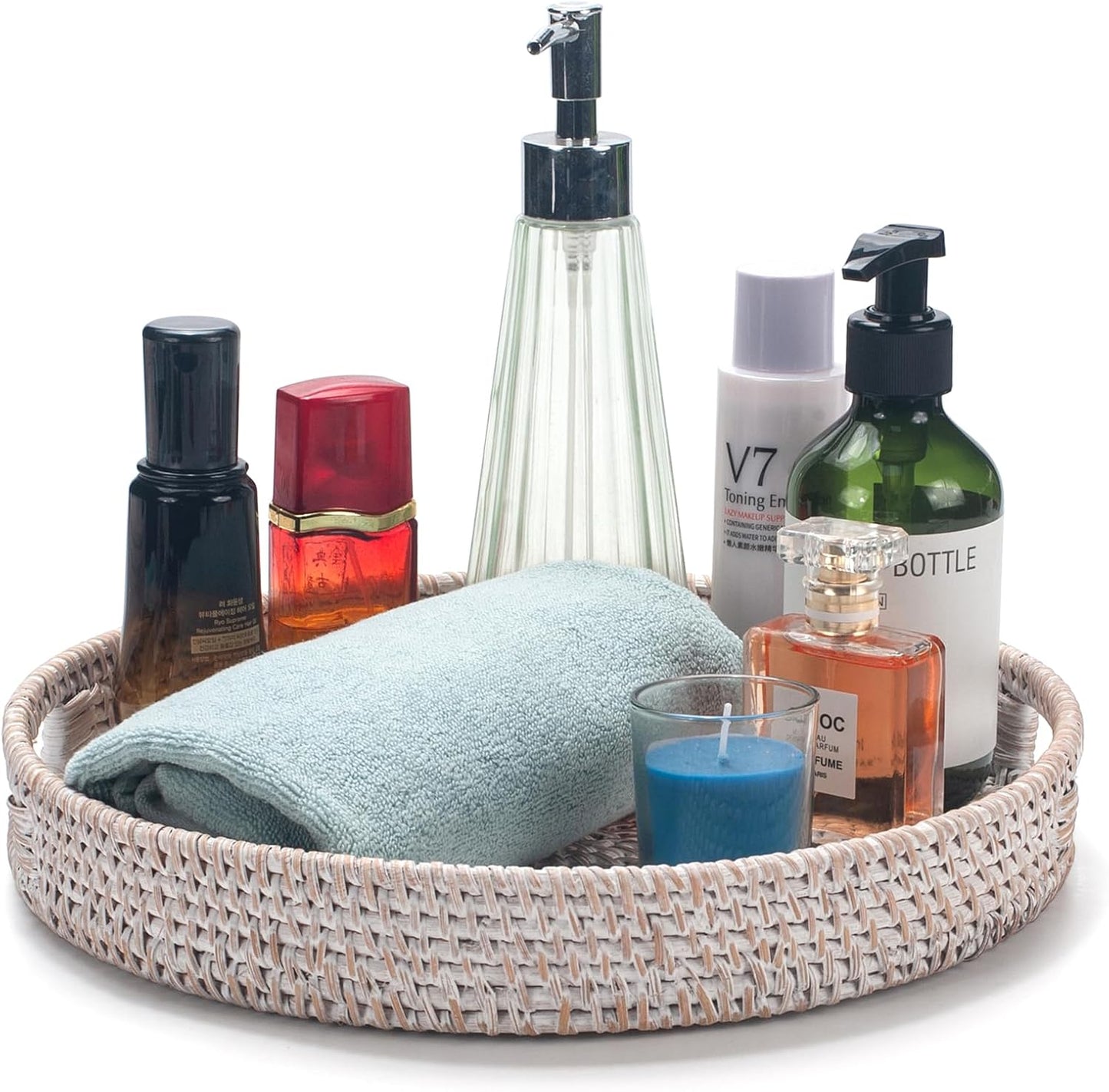 11.8 inch Round Rattan Tray, Decorative Coffee Table Trays, Ottoman Tray, Woven Serving Tray with Handles, Wicker Serving Basket, Whitewash