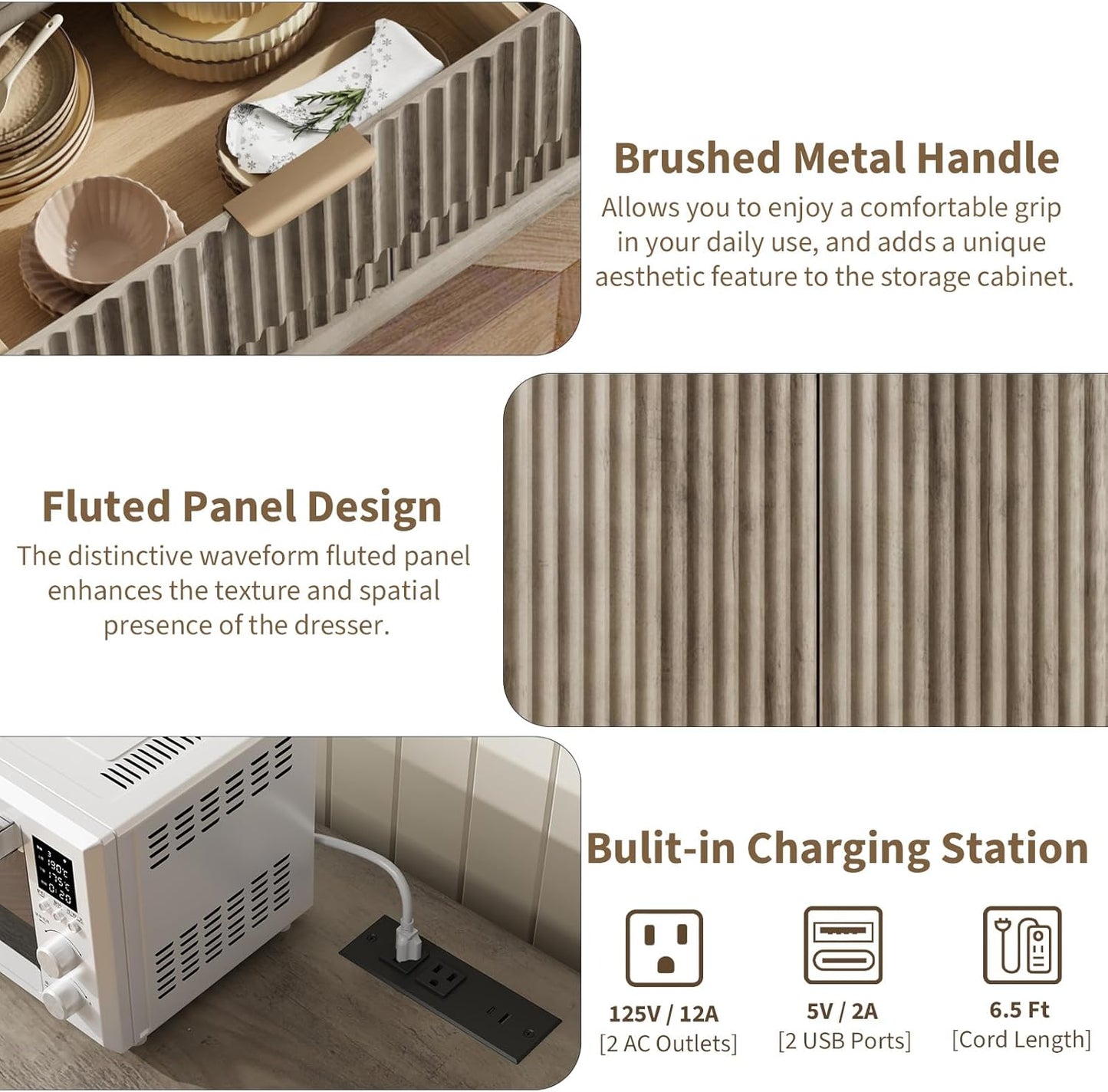 QUW Fluted Buffet Sideboard Cabinet with Storage, 47.2" Kitchen Cabinet with Drawers and Adjustable Shelves, Modern Coffee Bar with Charging Station, for Dining Room, Living Room, Grey