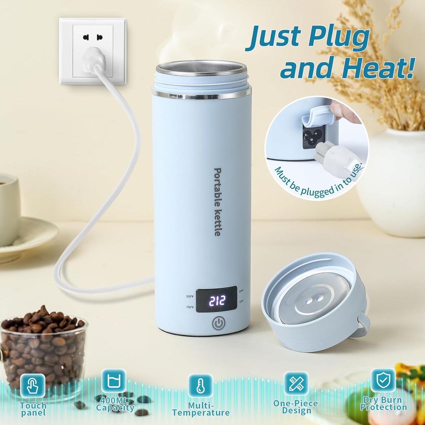 Travel Electric Kettle Portable Mini Kettle,Small Hot Water Boiler with 4 Temperature Settings,304 Stainless Steel,Fast Boiling Water with Auto Shut-Off and Boil Dry Protection,400ml (BIue, 400ML)