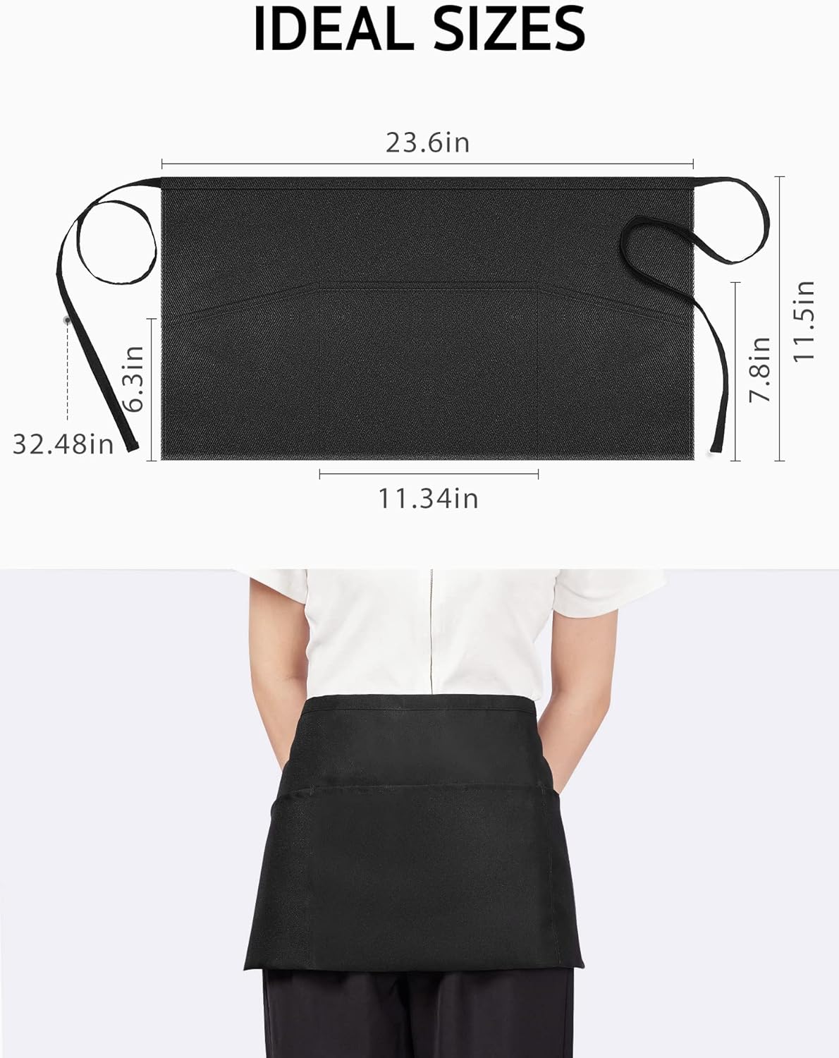 Syntus 2 Pack Server Apron with 3 Pockets, Waterdrop Resistant Waitress Waiter Waist Apron, 11.5-inch Black