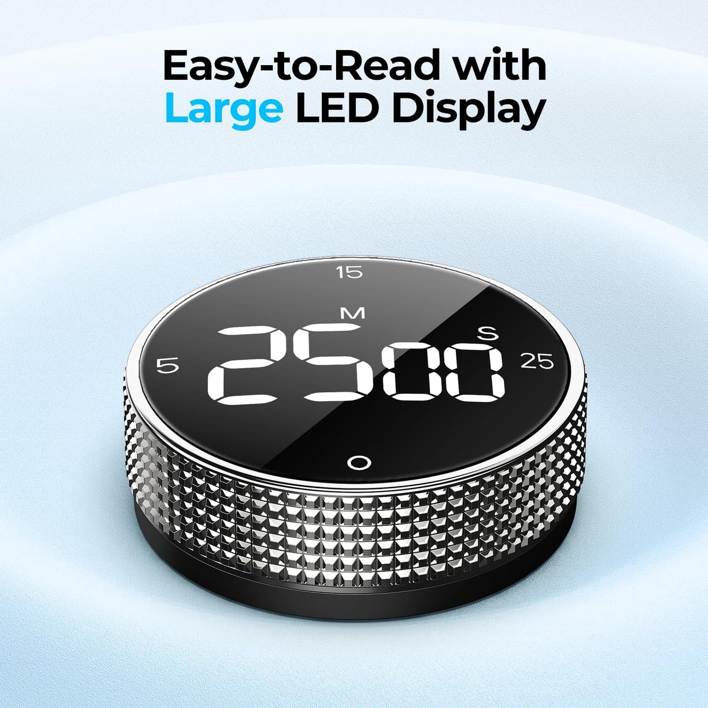 Rechargeable Magnetic Kitchen Timer for Cooking, Building 800mAh Battery Large Display Digital Countdown Countup Timer, 3 Preset 5/15/25 Mins Loud Alarm for Baking Grilling Studying - Silver