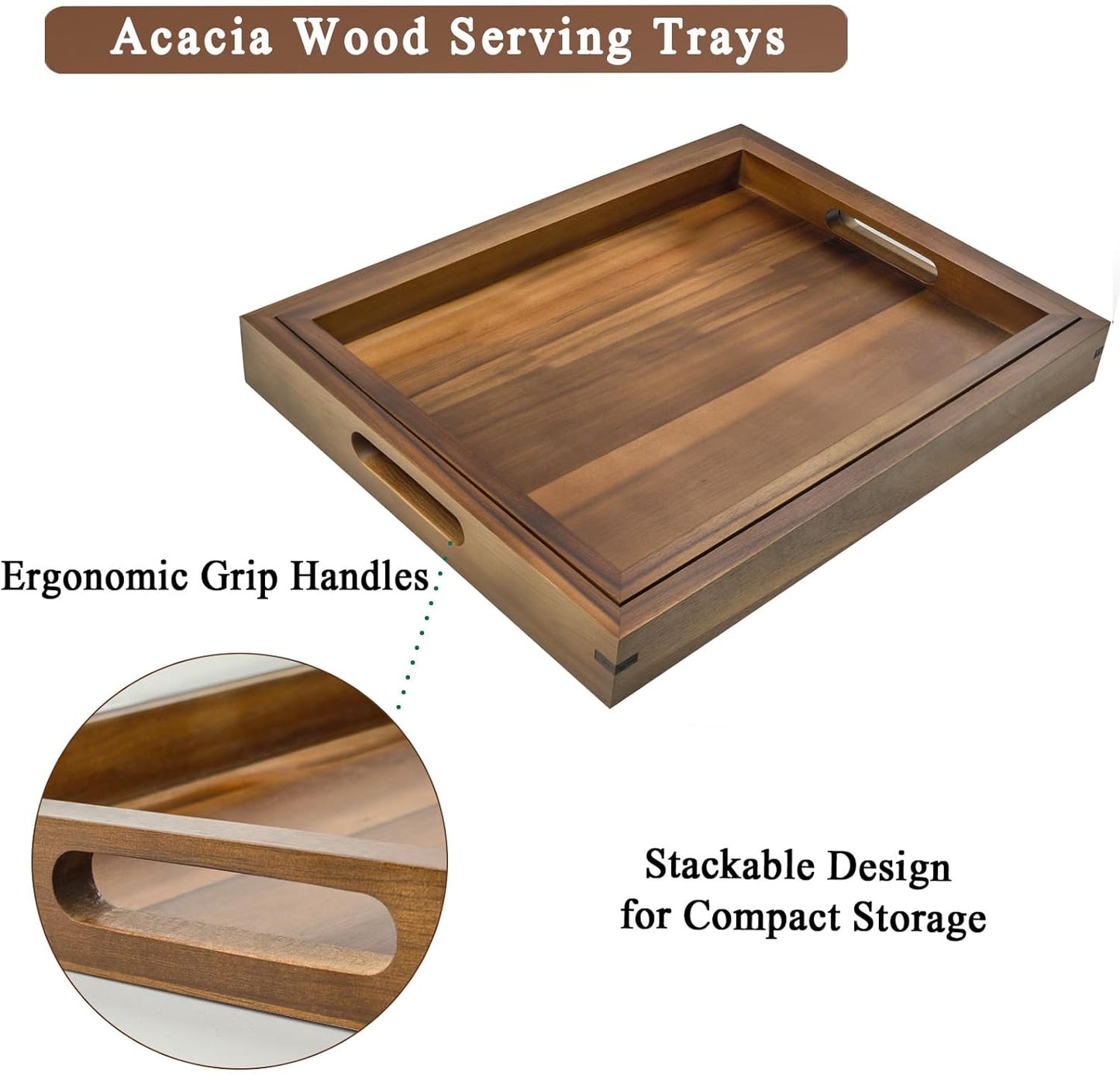 2 Pack Acacia Wood Serving Trays with Handles, 2 Sizes 17x13 & 16x12 inch Portable Ottoman Trays, Rectangular Wooden Tray Set for Food, Home Decor, Coffee Table, Living Room, Kitchen, 17"+16"