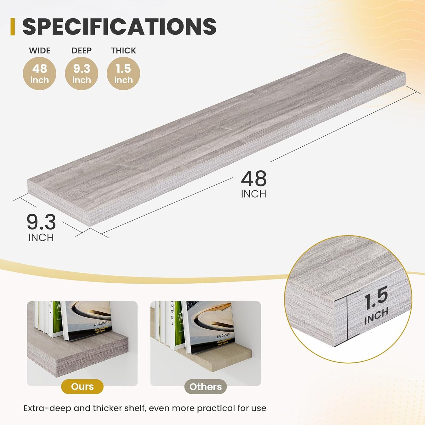 48 Inch Floating Shelves, 9.3" Deep Floating Shelf Wall Mounted, 48" Wall Shelves, Rustic Deep Bookshelf, Large Display Shelves & Storage Shelves for Bedroom, Living Room, Gray, Set of 1