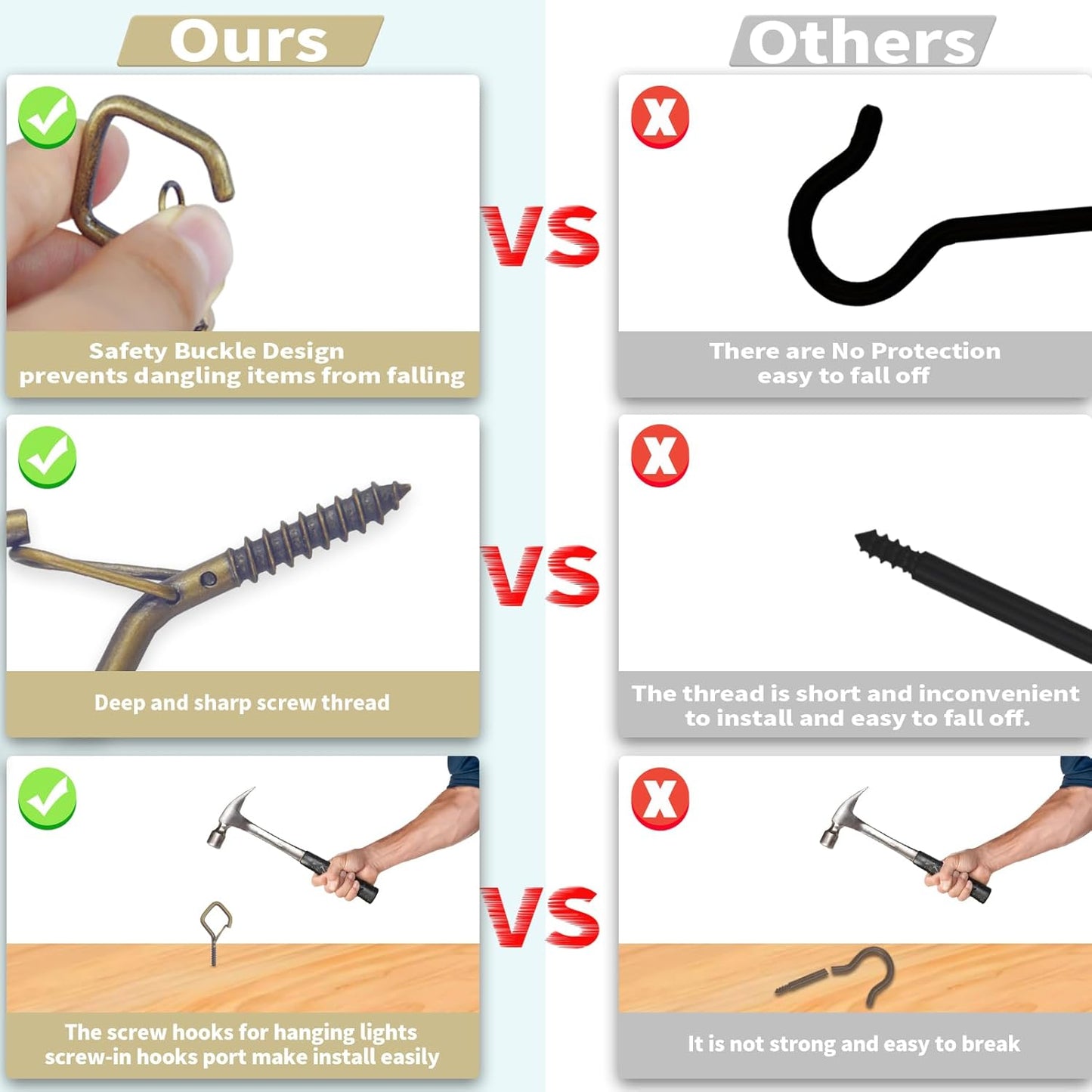 20PCS Eye Screw Hooks for Hanging Heavy Duty with Safety Buckle.Metal Ceiling Hooks for Hanging Plants,Cup,Wind Chime,Bird Feeders,String Lights at Indoor&Outdoor,2.36 Inch(No Drill Bit)