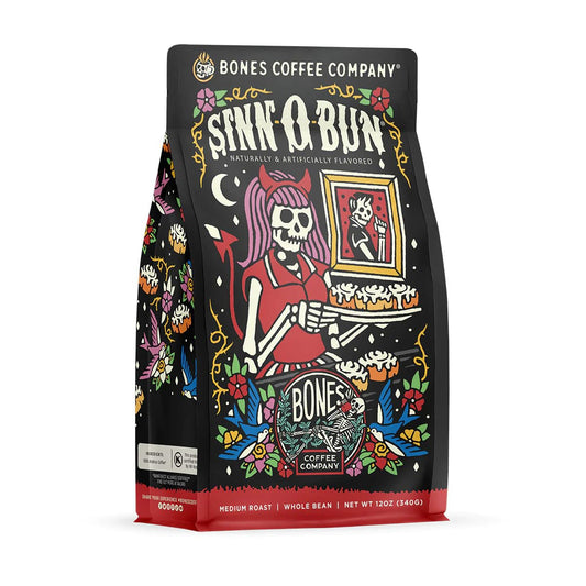 Bones Coffee Company Cinnamon Roll Flavored Coffee, Medium Roast Low Acid Arabica Beans Compatible with Auto drip and French Press Coffee Maker, 12 Oz Whole Bean