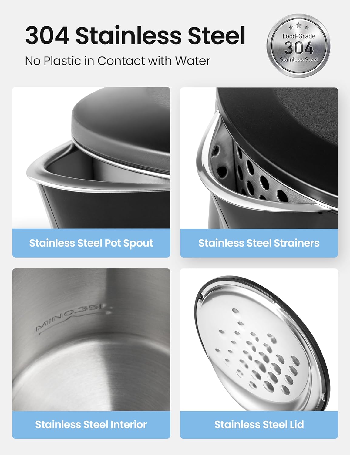 COMFEE' 1.7L Double Wall Electric Tea Kettle and Kettle Water Boiler, 100% Stainless Steel Interior & Lid & Spout, Two-Level Wide Open Lid, 1500W Fast Boiling, Auto-Off and Boil-Dry Protection