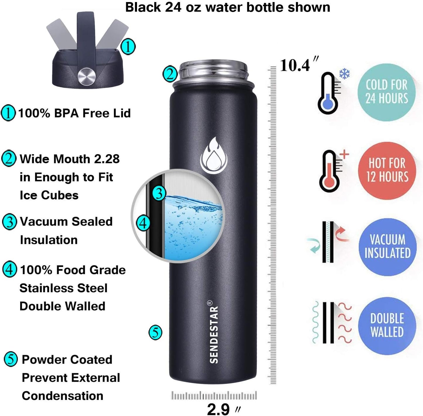 SENDESTAR Stainless Steel Water Bottle, Wide Mouth 24 oz Water Bottle with Straw Lid, Spout Lid, Double Wall Vacuum Insulated Leak Proof, Keeps Liquids Hot or Cold (Black)