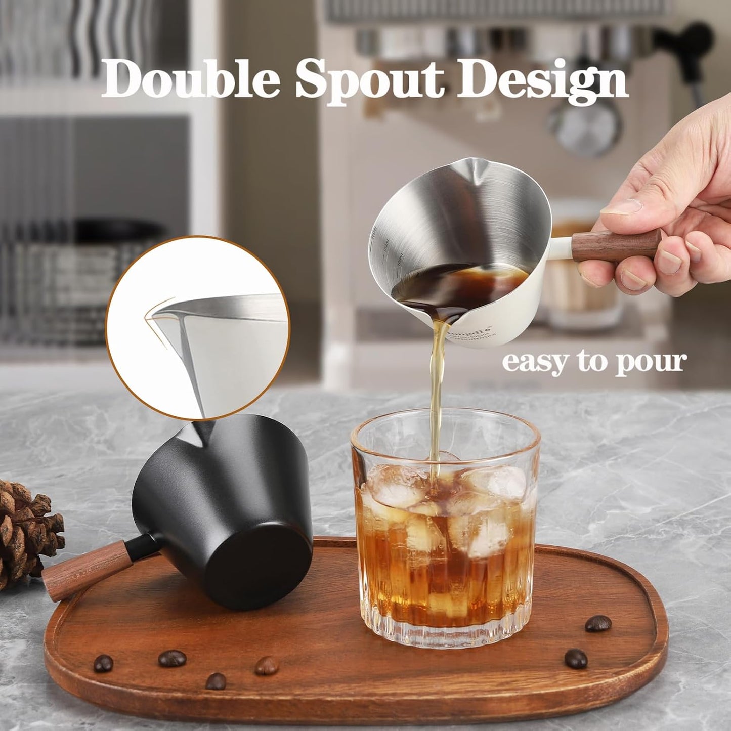 Mongdio Espresso Measuring Cup, Stainless Steel Espresso Shot Cups with Wooden Handle and Double Spouts, 6.8OZ/200ML, Black