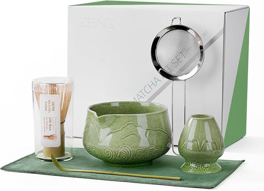 ZENS Matcha Whisk Set, 15oz Ceramic Matcha Set Includes Matcha Bowl, Bamboo Whisk & Chasen Holder, Sifter, Scoop & Tea Towel, 6pcs Matcha Kit for Matcha Latte, Emerald Green