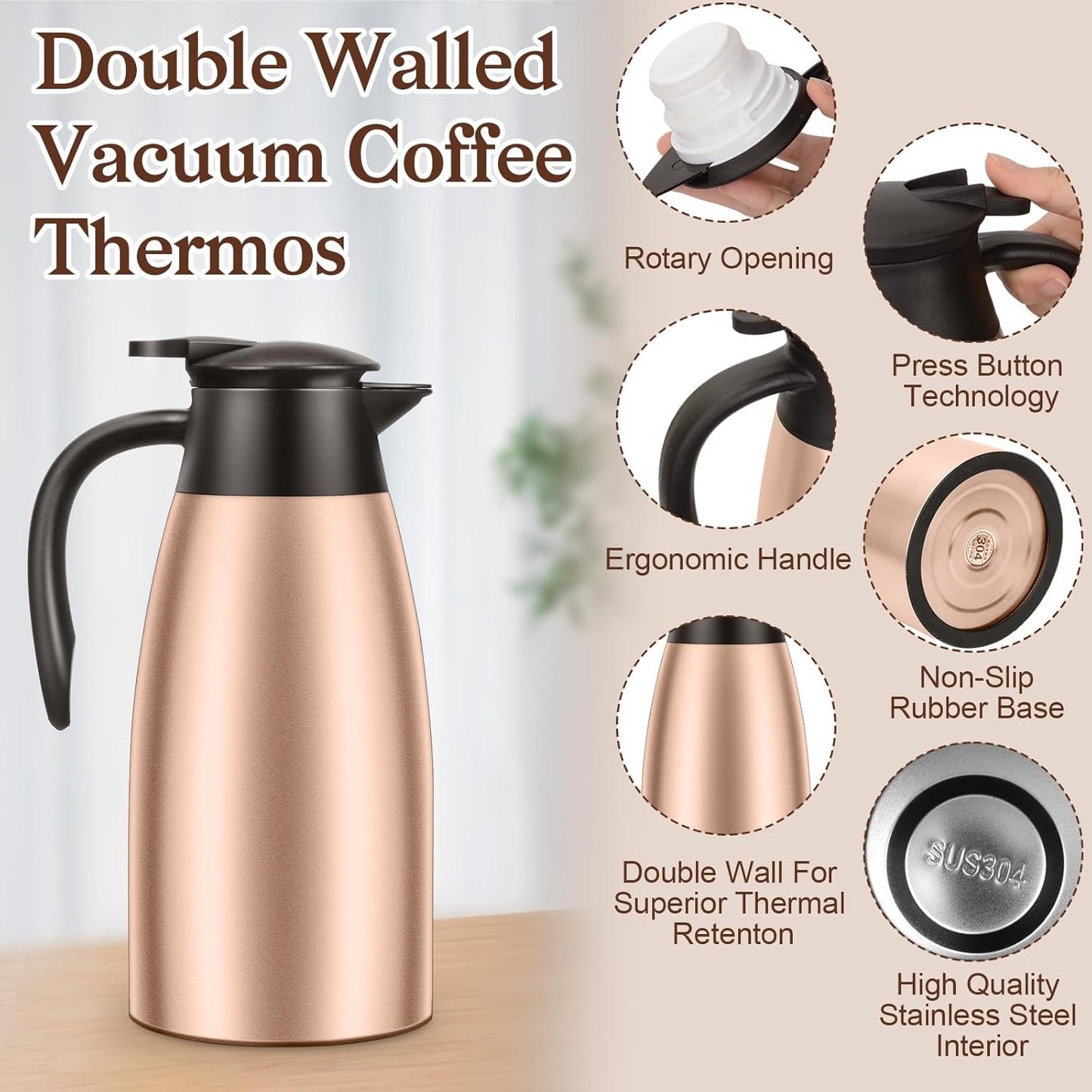 2 PCS 68 OZ Thermal Coffee Carafe, Insulated Stainless Steel Coffee Carafe Double Walled Vacuum Thermal Pot Flask with Brushes Thermos for Keeping Hot Coffee Tea Home and Office (Gold)