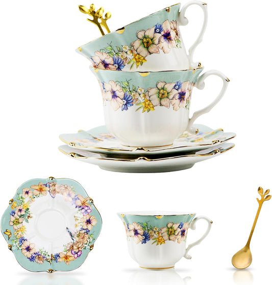 TATSUMI Country Roses Bone China Tea Cup and Saucer Set, 6 Pieces, Vintage Style, For Women and Tea Parties(Dutch Blue,2 Sets)