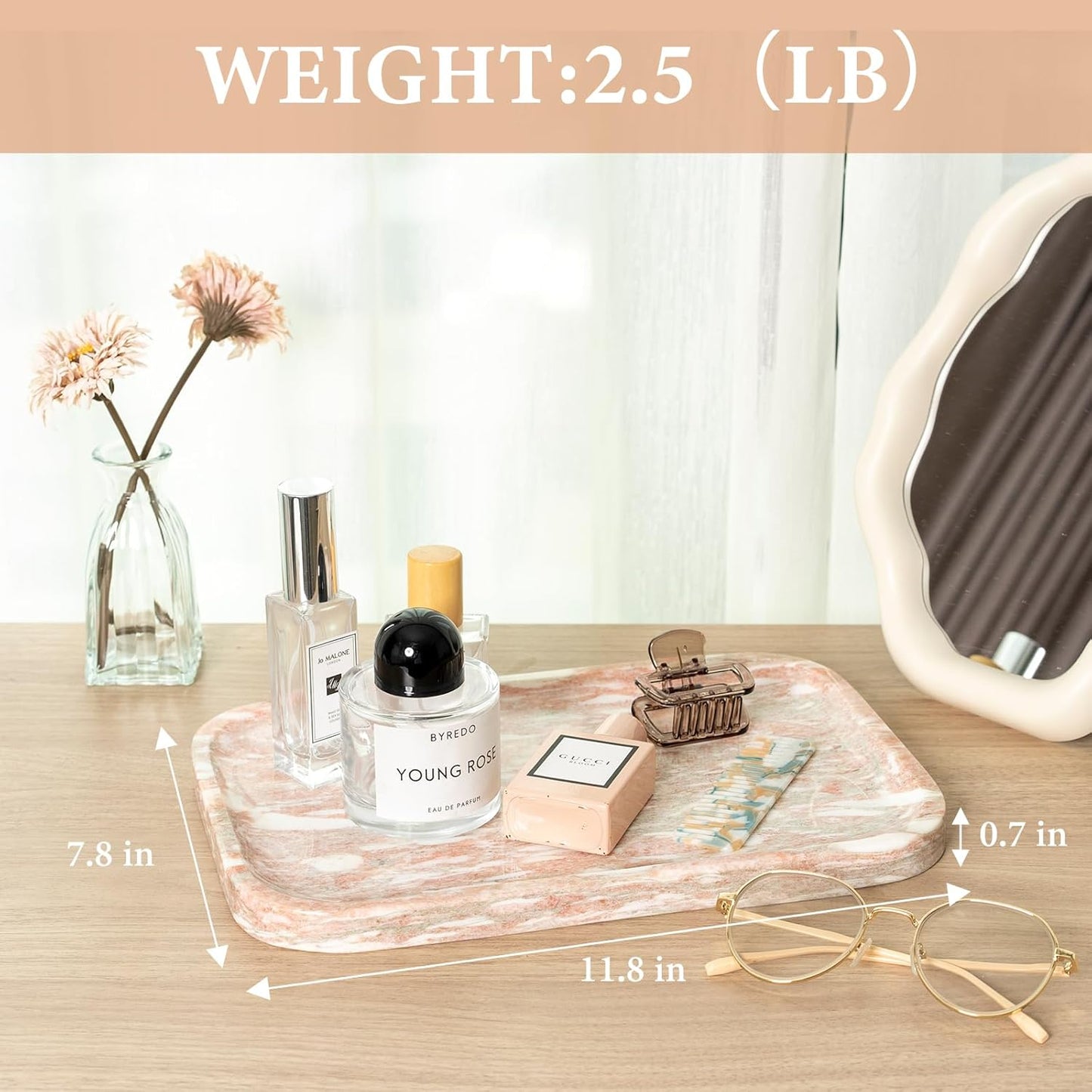 Marble Vanity Tray, Marble Bathroom Tray Countertop, Decorative Tray for Dresser, Rosso Red Stone Serving Trays for Kitchen, Perfume, Jewelry Candle Holder, Catch All