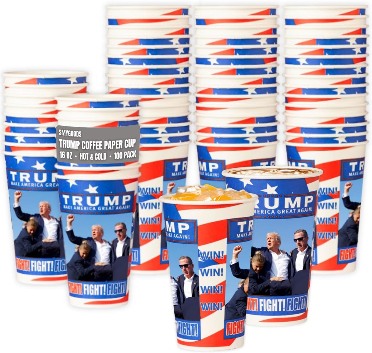 Smygoods Trump Design Disposable Paper Coffee Cups (16 OZ, 100 Count) For Hot Beverages, Tea, Espresso, Cocoa - To Go Drink Containers, Café & Office