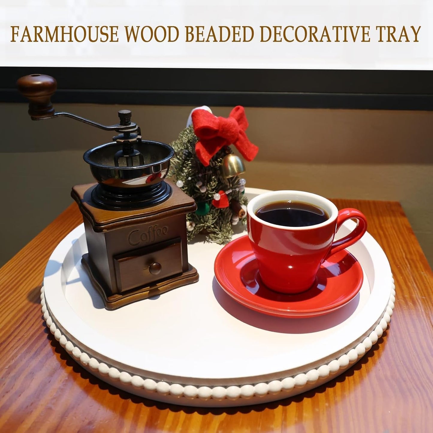 Round Wood Serving Tray with Beaded, 13” Rustic Wooden Decorative Coffee Table Tray for Centerpiece, Ottoman, Farmhouse Circle Trays for Counter, Living Room, Home Decor (White)