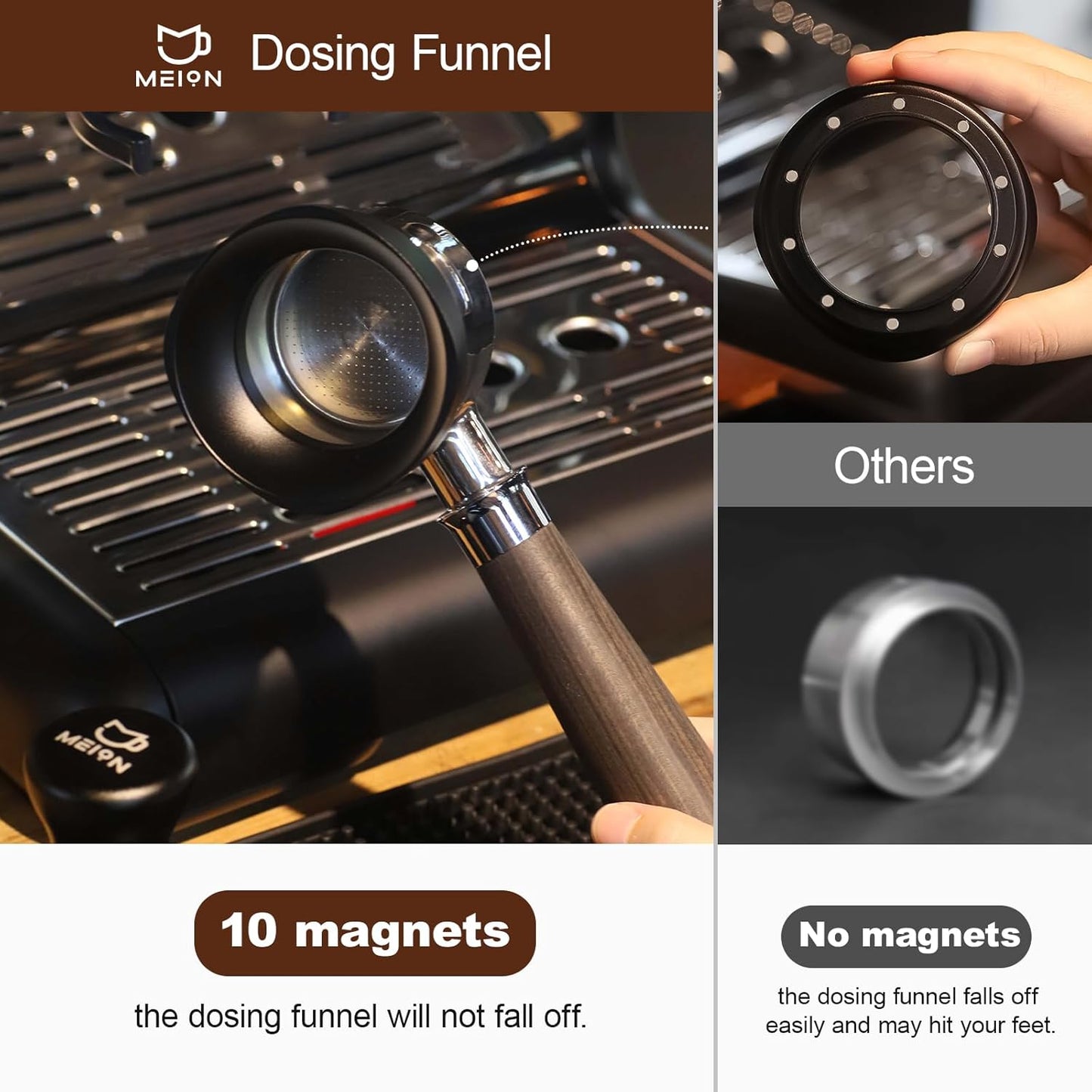 MEION 51mm Dosing Funnel, Magnetic Espresso Dosing Funnel Coffee Funnel Compatible with 51mm Portafilter, Espresso Tools Portafilter Funnel (51mm, Black)