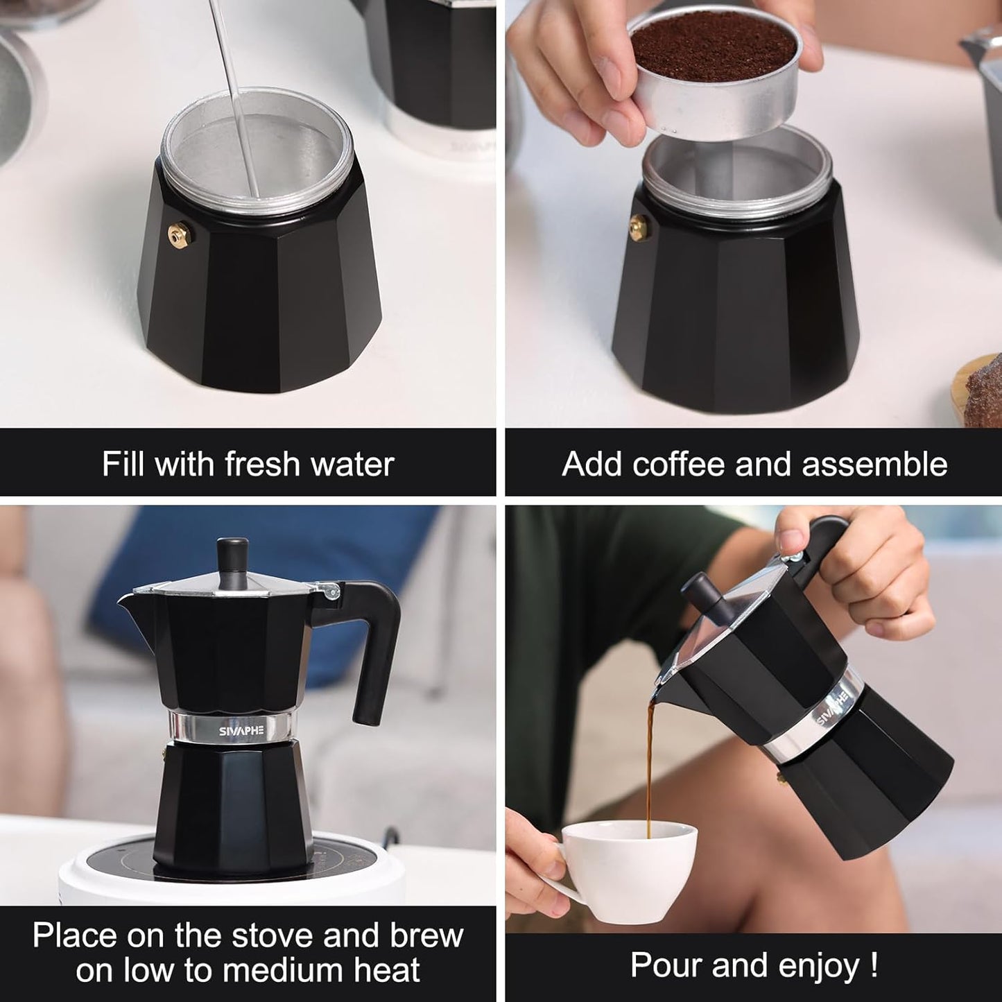 Sivaphe Aluminum Moka Pot 9 Espresso Cups, Percolator Espresso and Coffee Maker, Portable Stovetop Italian and Cuban Café Brewer for Home and Camping Black