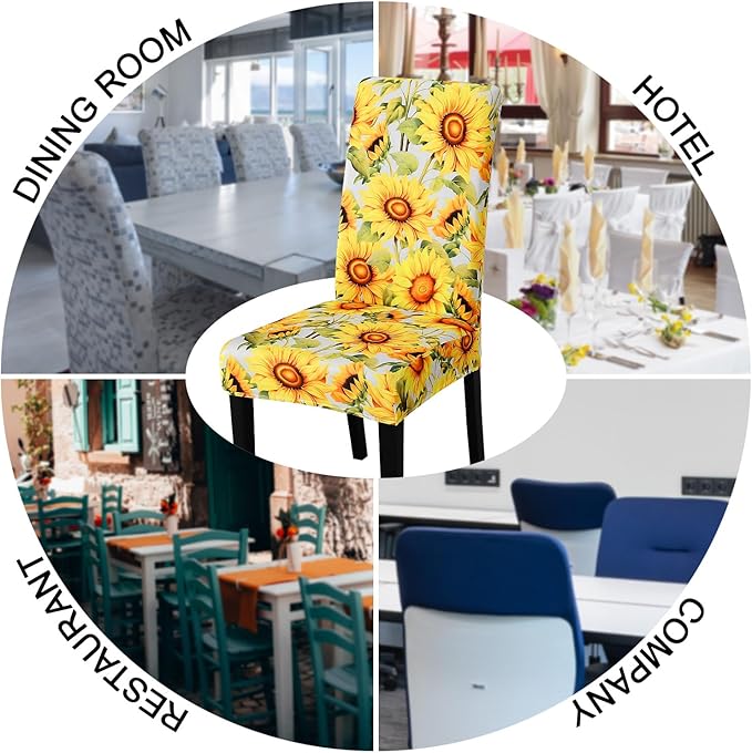JQinHome Pattern Chair Covers for Dining Room Set of 4, High Stretch Removable Washable Parsons Chair Slipcover for Home Party Hotel Wedding Ceremony (Sunflower,4PCS)
