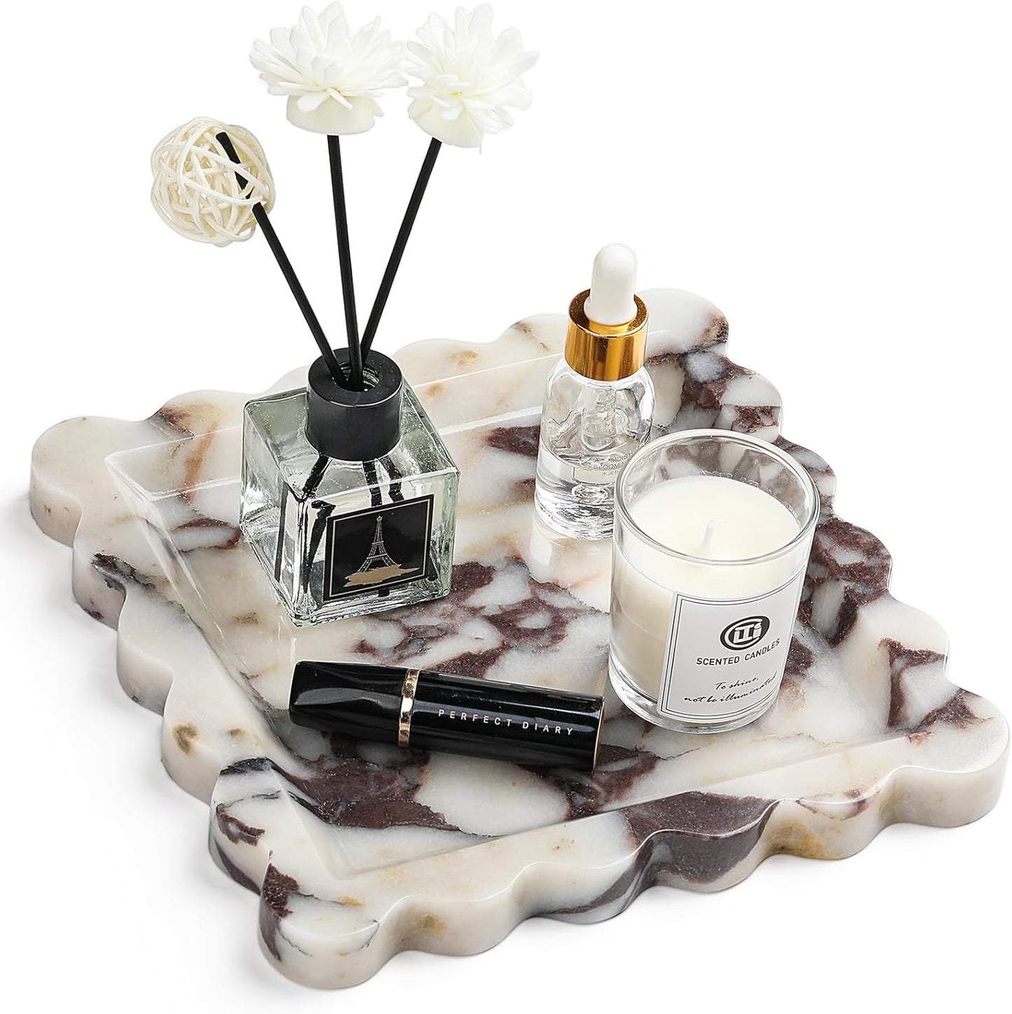 Natural Marble Vanity Tray - Moujings Genuine Marble Perfume Tray for Bathroom Decor, Stone Bathroom Vanity Organizer Tray for Kitchen Counter, Candles, Jewelry, Coffee, Makeup, Key
