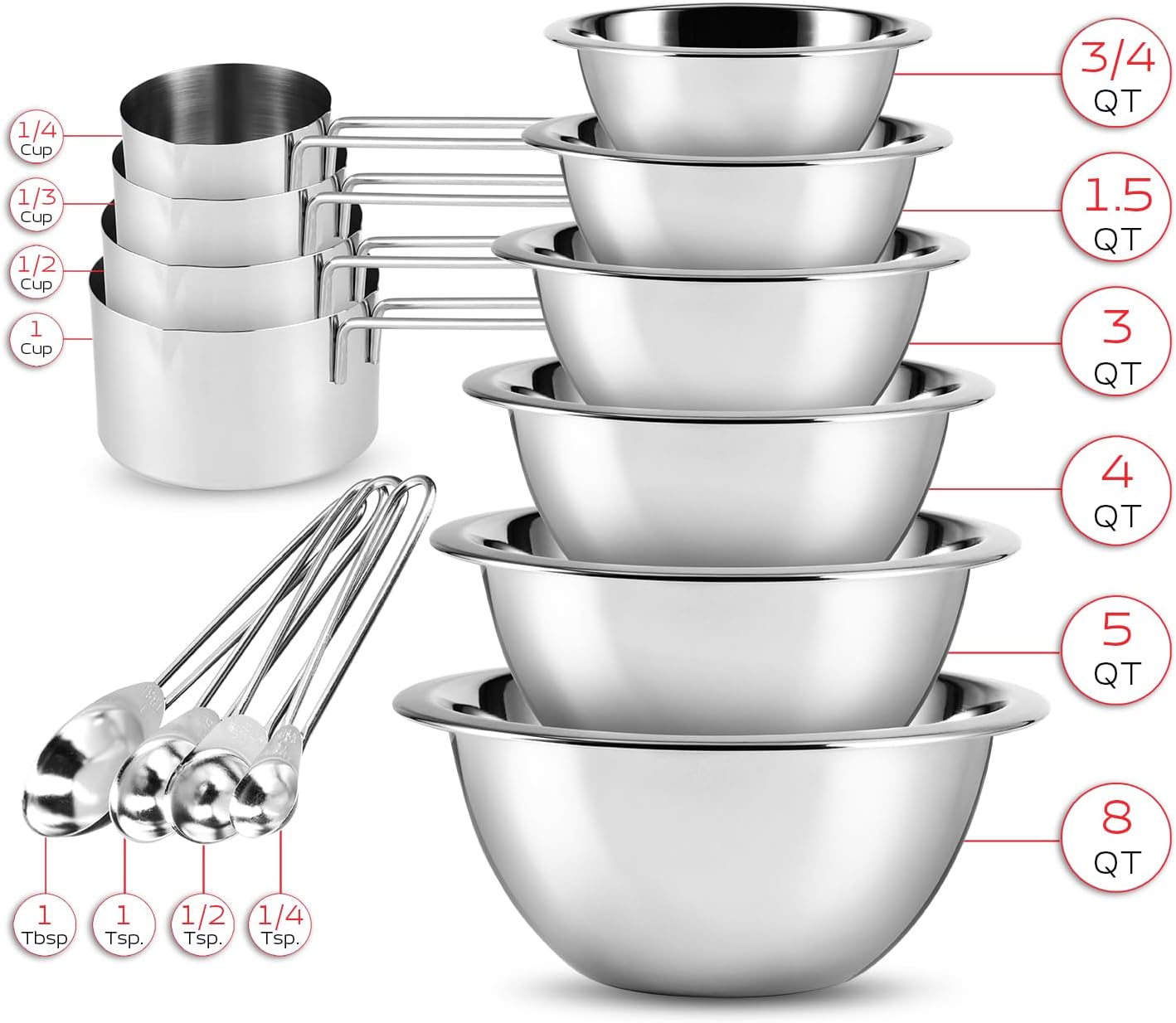 EATEX Stainless Steel Mixing Bowls with Measuring Cups & Spoons Set of 14 - Dishwasher Safe Nesting Mixing Bowl Set for Cooking, Baking & Meal Prep Non-Slip Premium Bowls