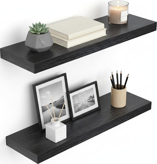 Lufia Floating Wall Shelves, Set of 2, MDF with Invisible Brackets, Modern Storage for Bedroom, Bathroom, Living Room, Kitchen (Black, 24" W x 7" D x 1.5" H)