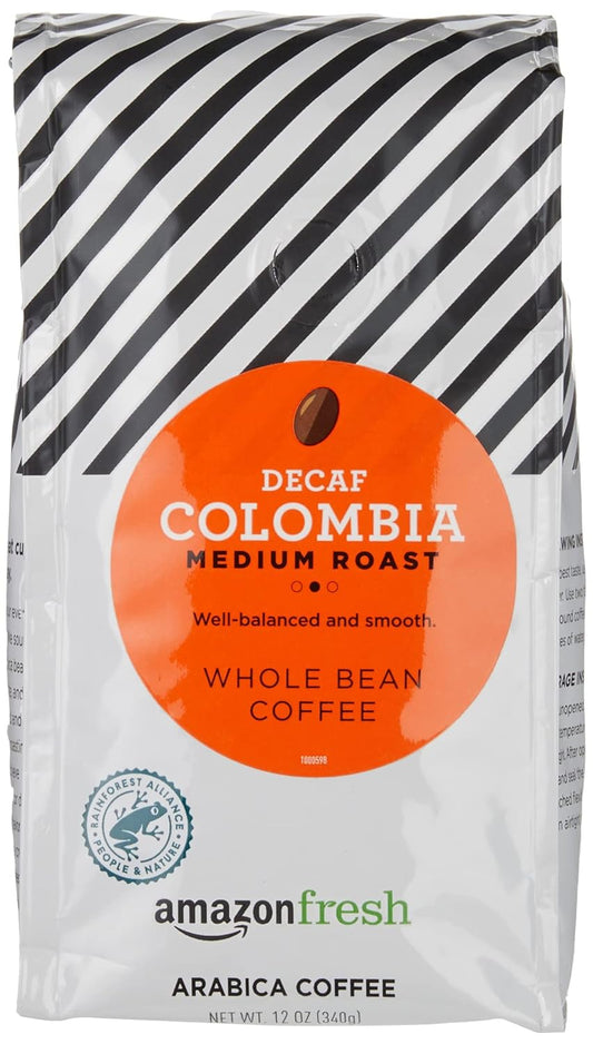 Amazon Fresh Decaf Colombia Whole Bean Coffee, Medium Roast, 12 Ounce