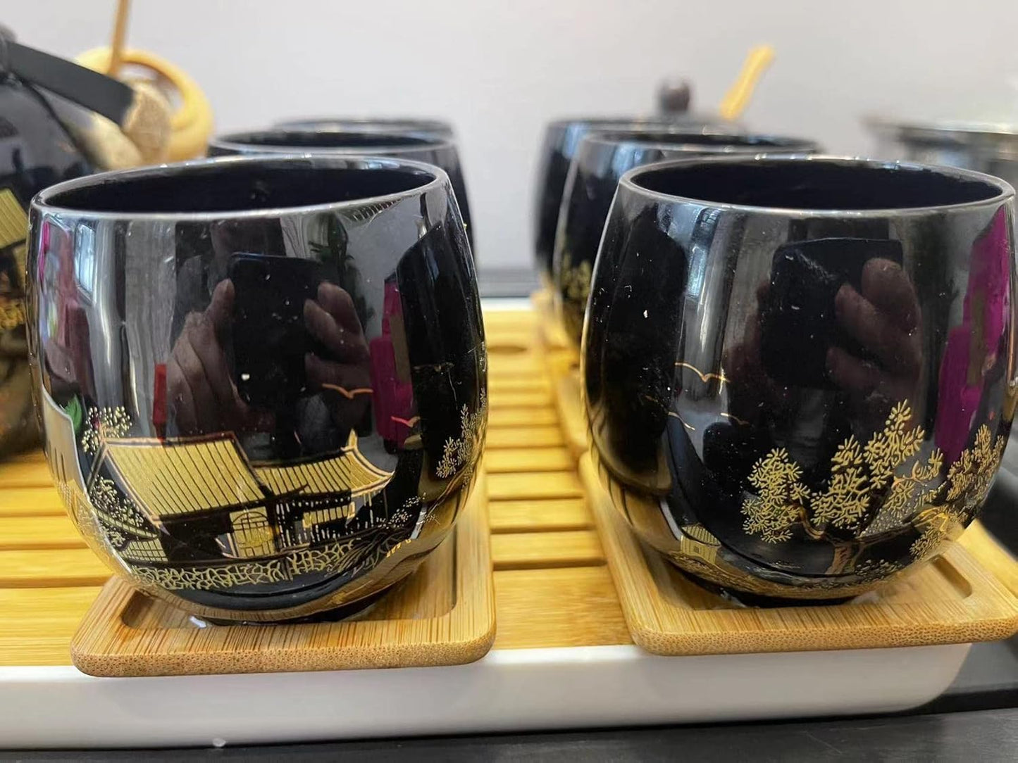 Japanese Tea Set, Black Glazed Tea Set in Gift Box With 1 Teapot, 1 Tea Strainer, 1 Tea Tray and 6 Tea Cups. Ideal Tea Set for Office Home, Asian Tea Sets for Tea Lovers(Country Black)