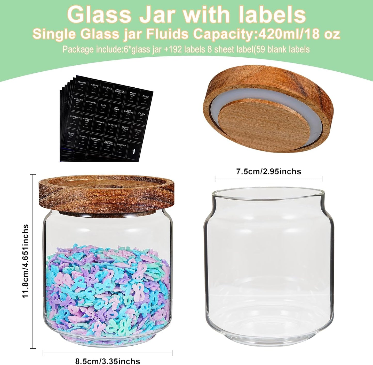 Small Glass Jars with Labels Spice Jar Round Storage Canister with Wooden Lid Clear Glass Food Jar for Pantry Sugar Tea Coffee Bean Spice Nuts Cookies Bath Salts (6 * 420ml(14oz))