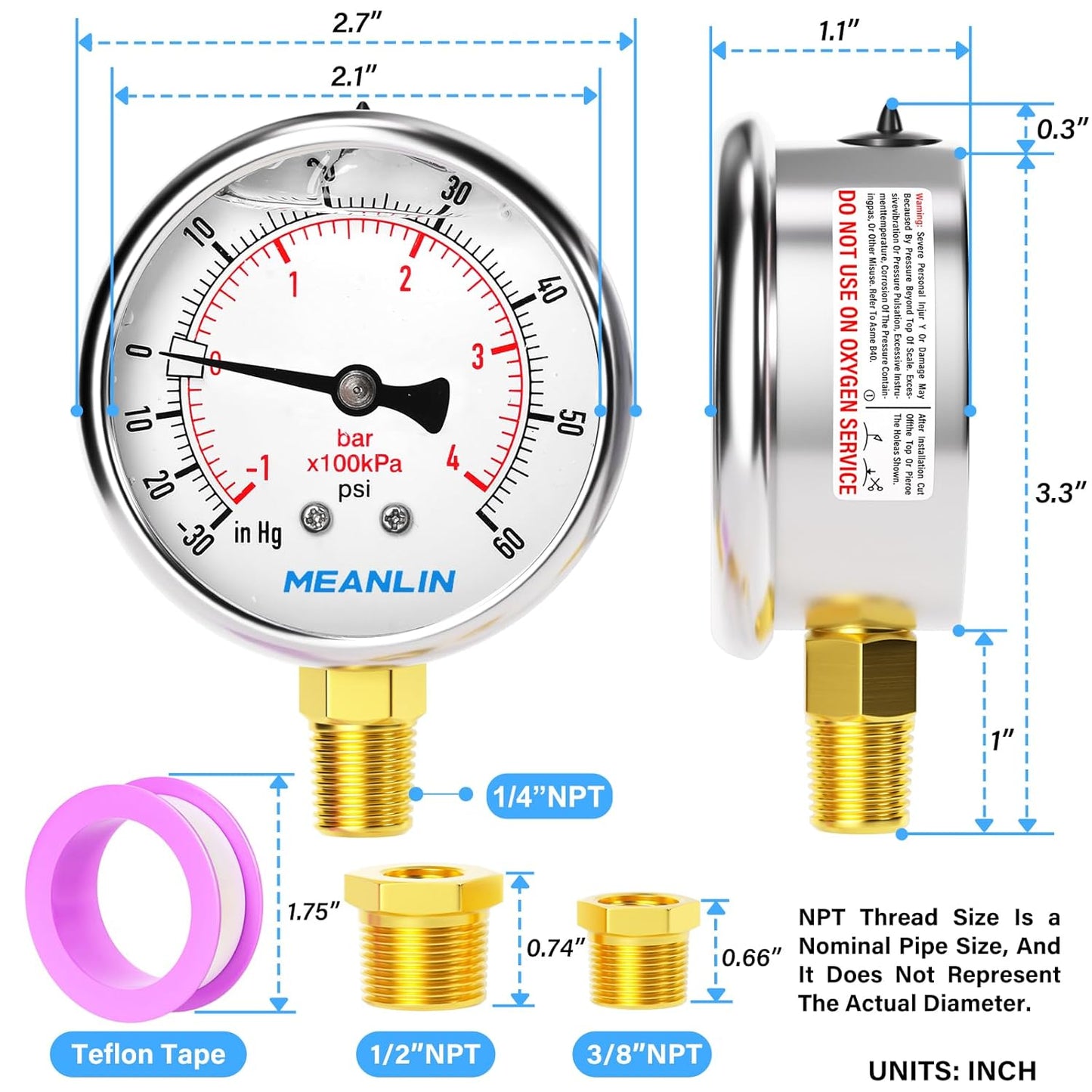 MEANLIN MEASURE -30inHG~60Psi Stainless Steel 1/4" NPT 2.5" FACE DIAL Vacuum Pressure Gauge, Lower Mount, with 1/2" NPT and 3/8" NPT Hex Bushing