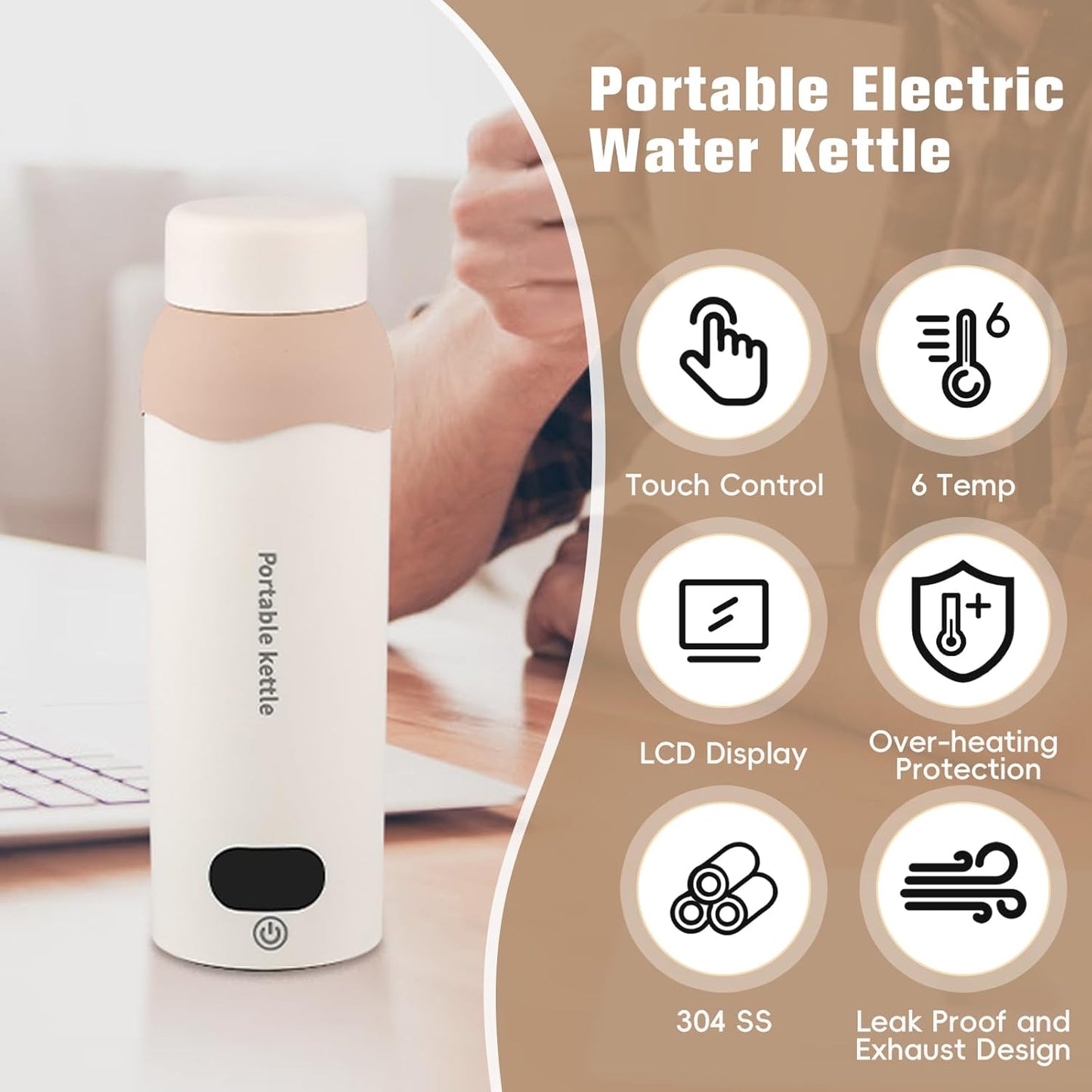 Portable Travel Electric Kettle Small Water Boiler 450ml Plug in Water Heater 304 Stainless Steel