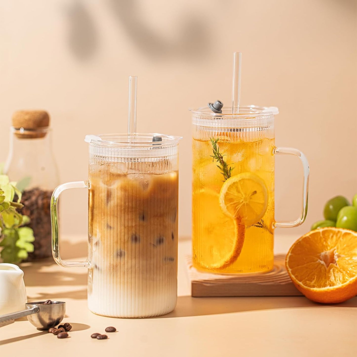 26oz Large Ribbed Glass Tumbler with Handle and Lid - Set of 2, Clear Glass Cups with Reusable Straws, Vertical Striped Design - Perfect for Iced Coffee, Tea, Smoothies, and Cocktails