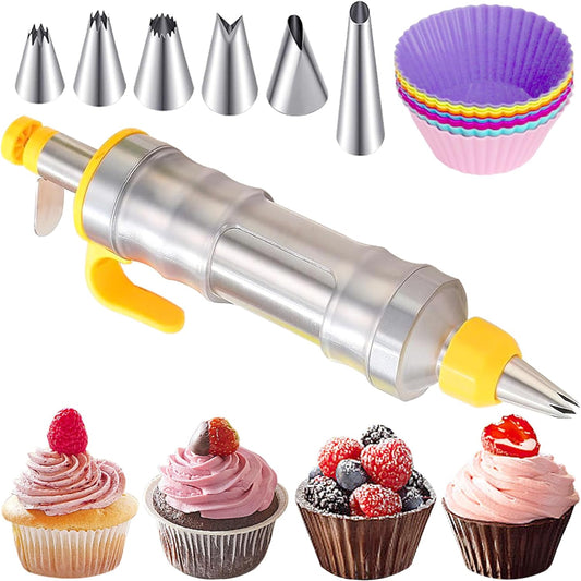 JAYVAR Dessert Decorating Syringe Set, Cake Decorating Kit, Stainless Steels Frosting Piping Kit for Cupcake Decoration with 6 Piping Nozzles, Cake Decorating Gun for Frosting Cream to Make Cupcakes