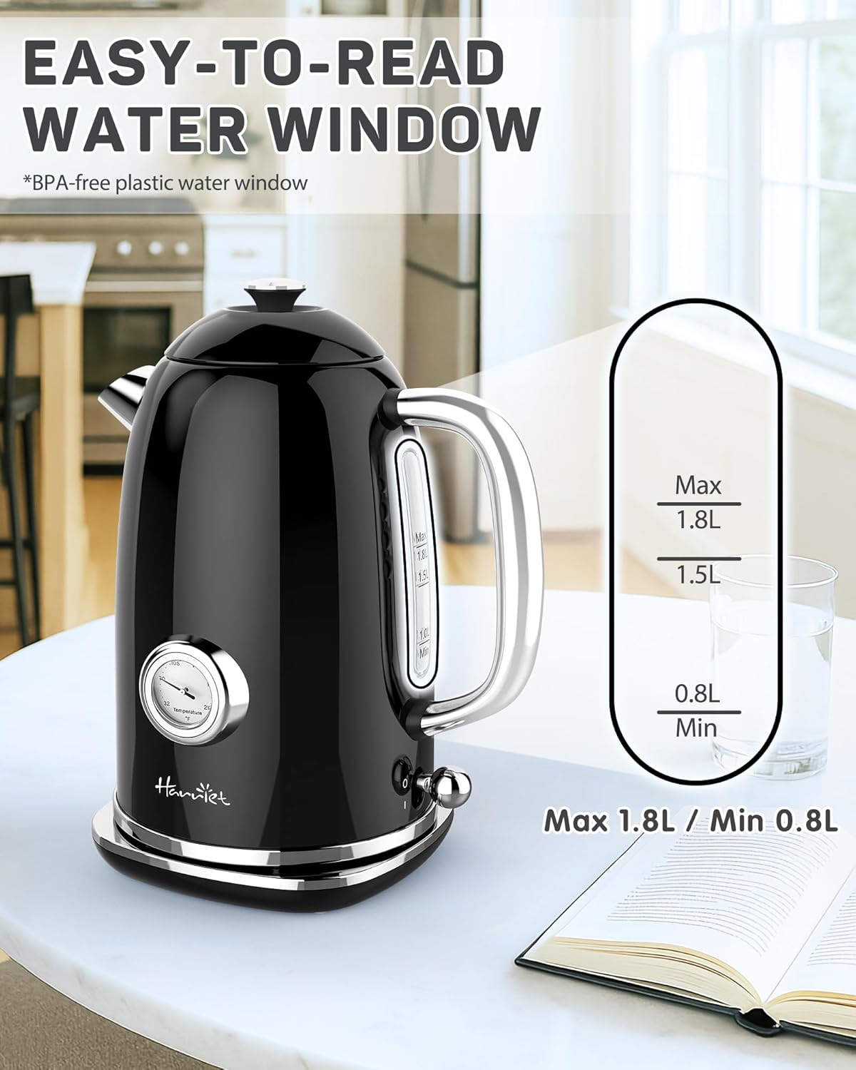 Harriet Electric Kettle, 1.8L Retro Electric Tea Kettle with Thermometer, 1500W Stainless Steel Hot Water Kettle Electric with LED Indicator, Fast Boiling, Cordless, Auto Shut-Off, Black