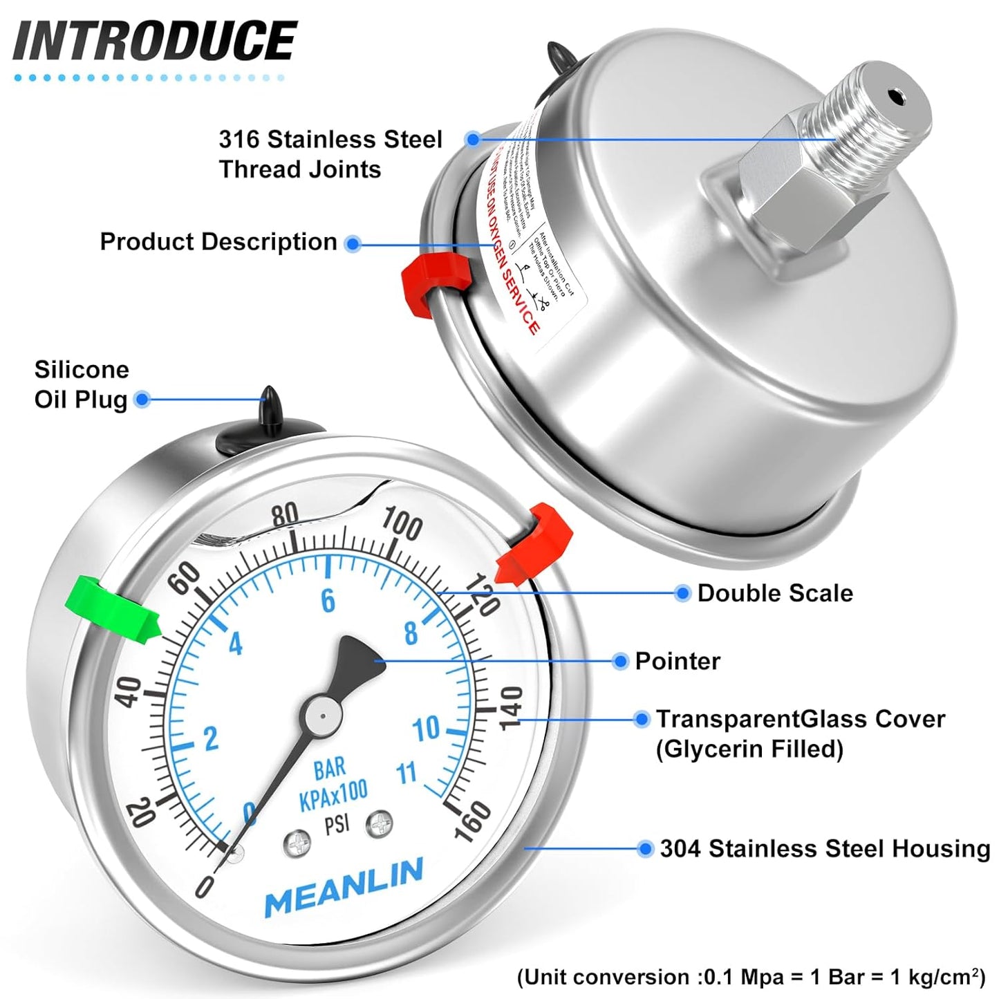 MEANLIN MEASURE 0~160Psi Stainless Steel Liquid Filled Pressure Gauge 2.5"FACE DIAL 1/4"NPT for Air Compressor RV Regulator Water Pressure Tester Back Mount with Stainless Steel Hex Bushing and Snaps