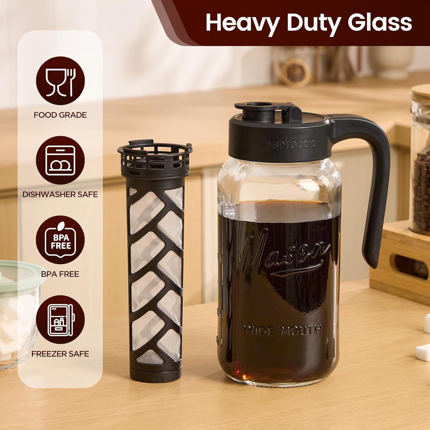 Cold Brew Coffee Maker Glass, Airtight & Leakproof Mason Jar Pitcher with Cold Brew Filter, 64 oz Glass Pitcher with Lid for Iced Coffee, Lemonade, Ice Tea