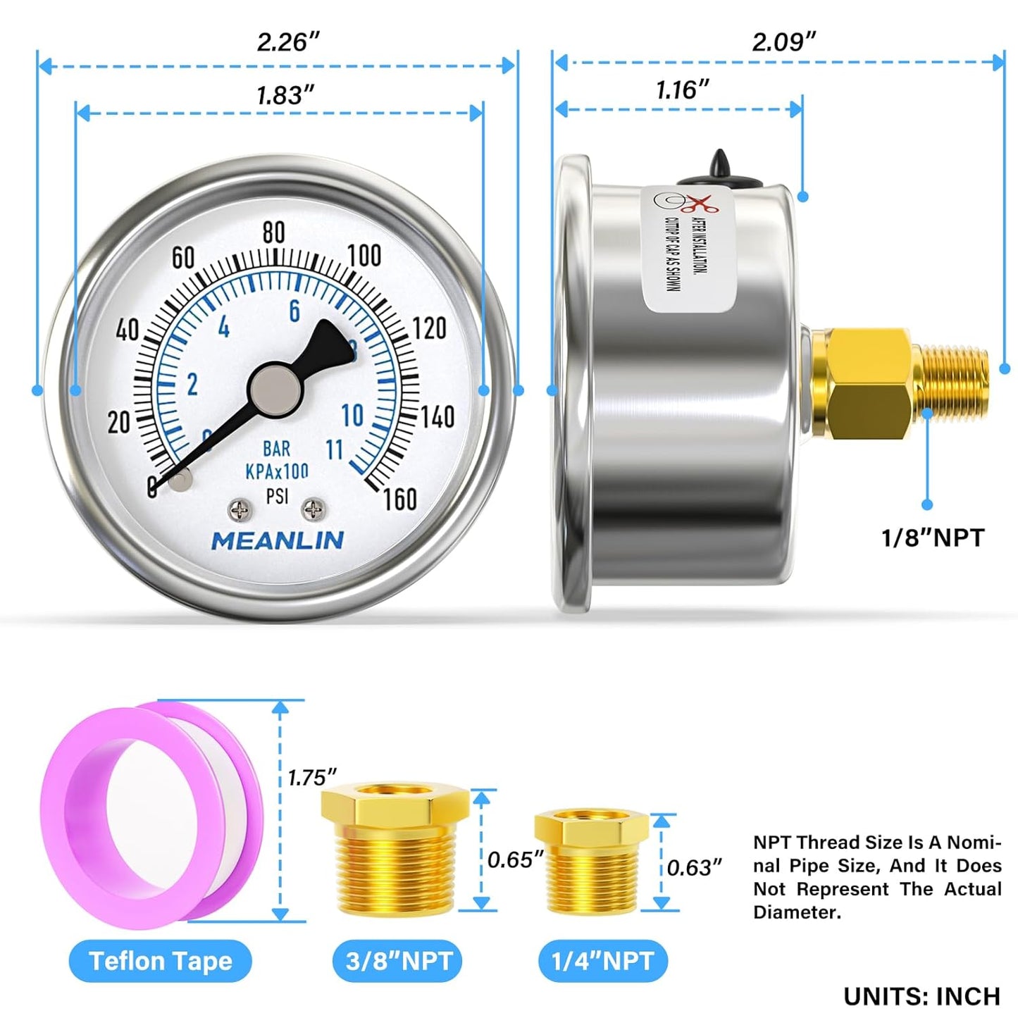 MEANLIN MEASURE 0~160Psi Dry Pressure Gauge Stainless Steel 1/8" NPT 2" FACE DIAL Waterproof for Air Compressor RV Regulator Water Pressure Tester Back Mount with 1/4" NPT and 3/8" NPT Hex Bush