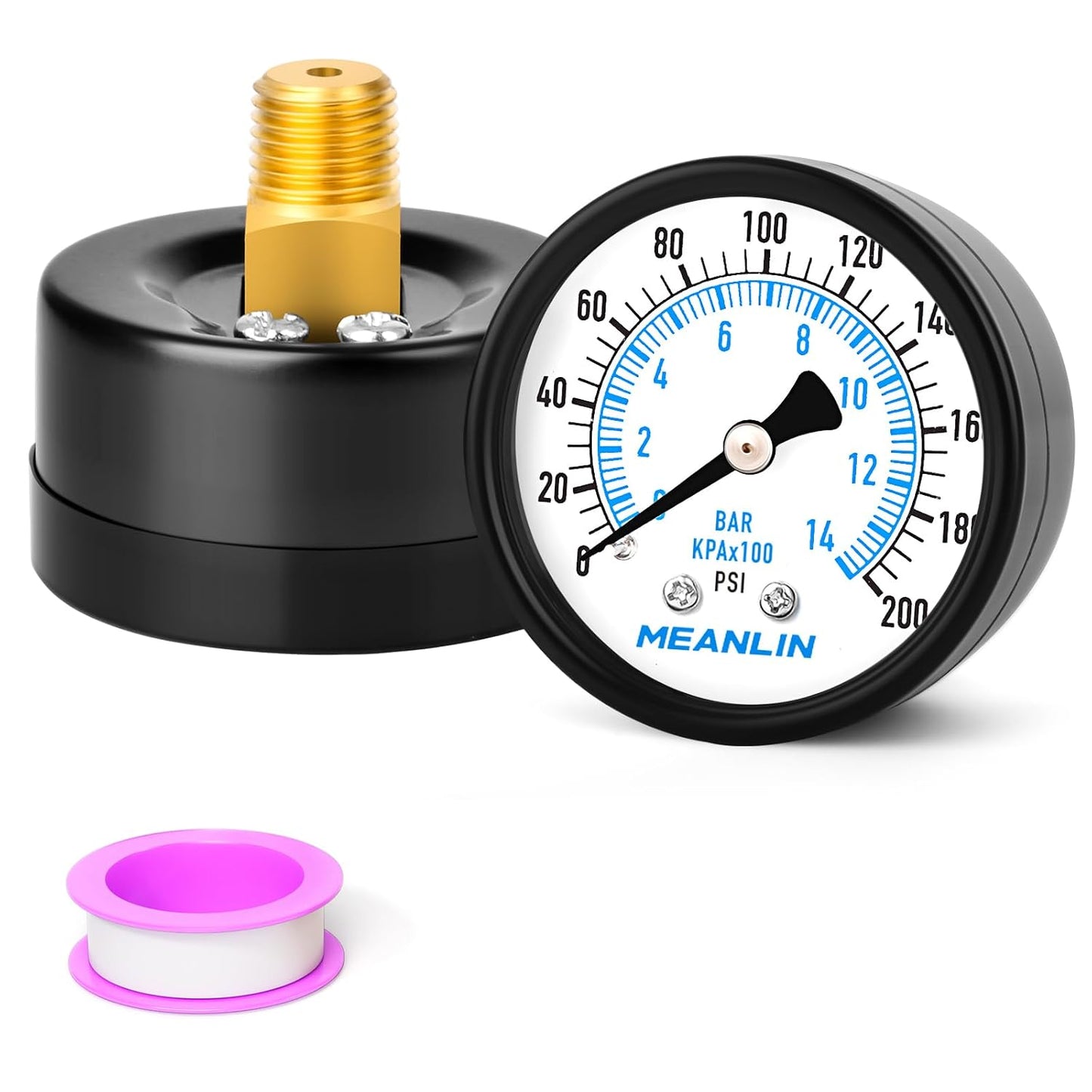MEANLIN MEASURE 0-200Psi Well Pump Pressure Gauge 1/4" NPT 2" FACE DIAL for Air Compressor Air Regulator Water Filter Back Mount, with Teflon Tape