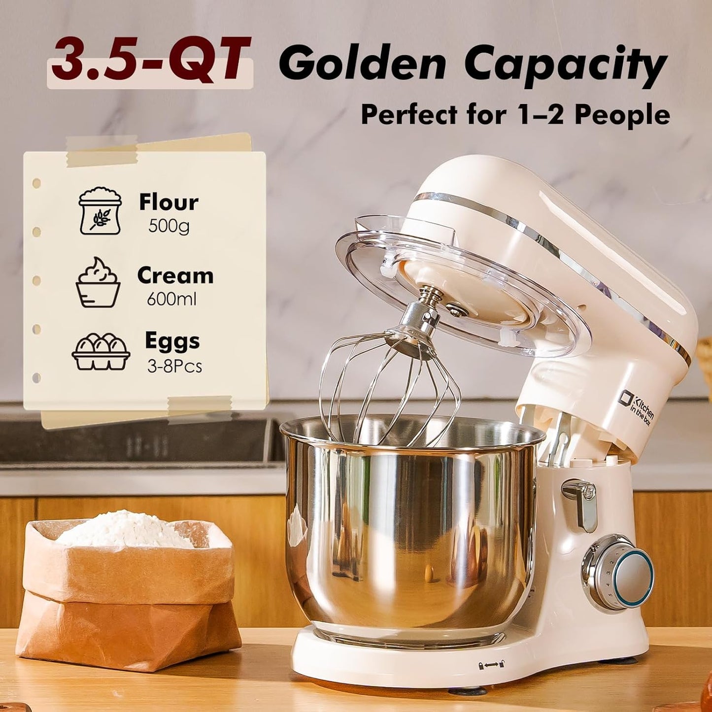 Kitchen in the Box Stand Mixer, 3.5 QT Small Electric Kitchen Mixer, 10-Speed Portable Lightweight Food Mixer with Stainless Steel Bowl, Egg Whisk, Dough Hook, Beater (Light Pink)